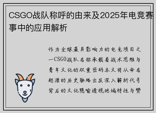 CSGO战队称呼的由来及2025年电竞赛事中的应用解析