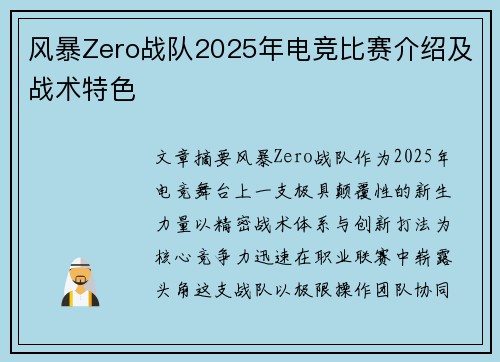 风暴Zero战队2025年电竞比赛介绍及战术特色