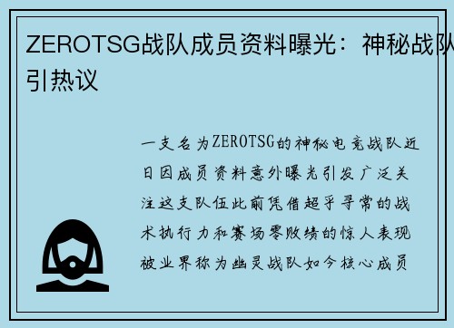 ZEROTSG战队成员资料曝光：神秘战队引热议